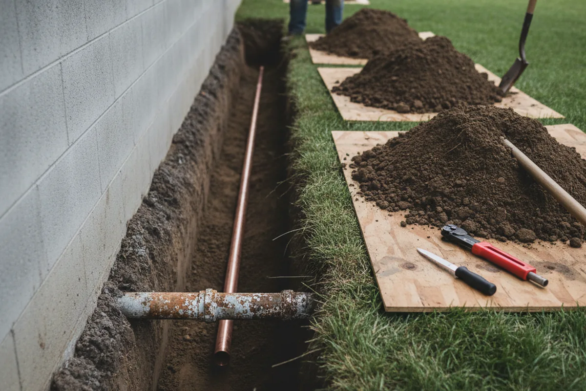 Excavated water line trench during Water Softener Installation in Middle River